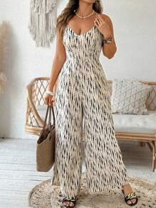 SHEIN Clasi Plus Size Women Batik Print Casual Wide Leg Jumpsuit Romper - Apricot - View 3