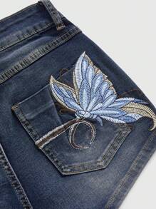 ROMWE Fairycore Quần short denim cạp thấp siêu mỏng thêu bướm cổ điển gợi cảm Y2K dành cho nữ, ngày lễ mùa hè - Màu xanh lam - Xem 3