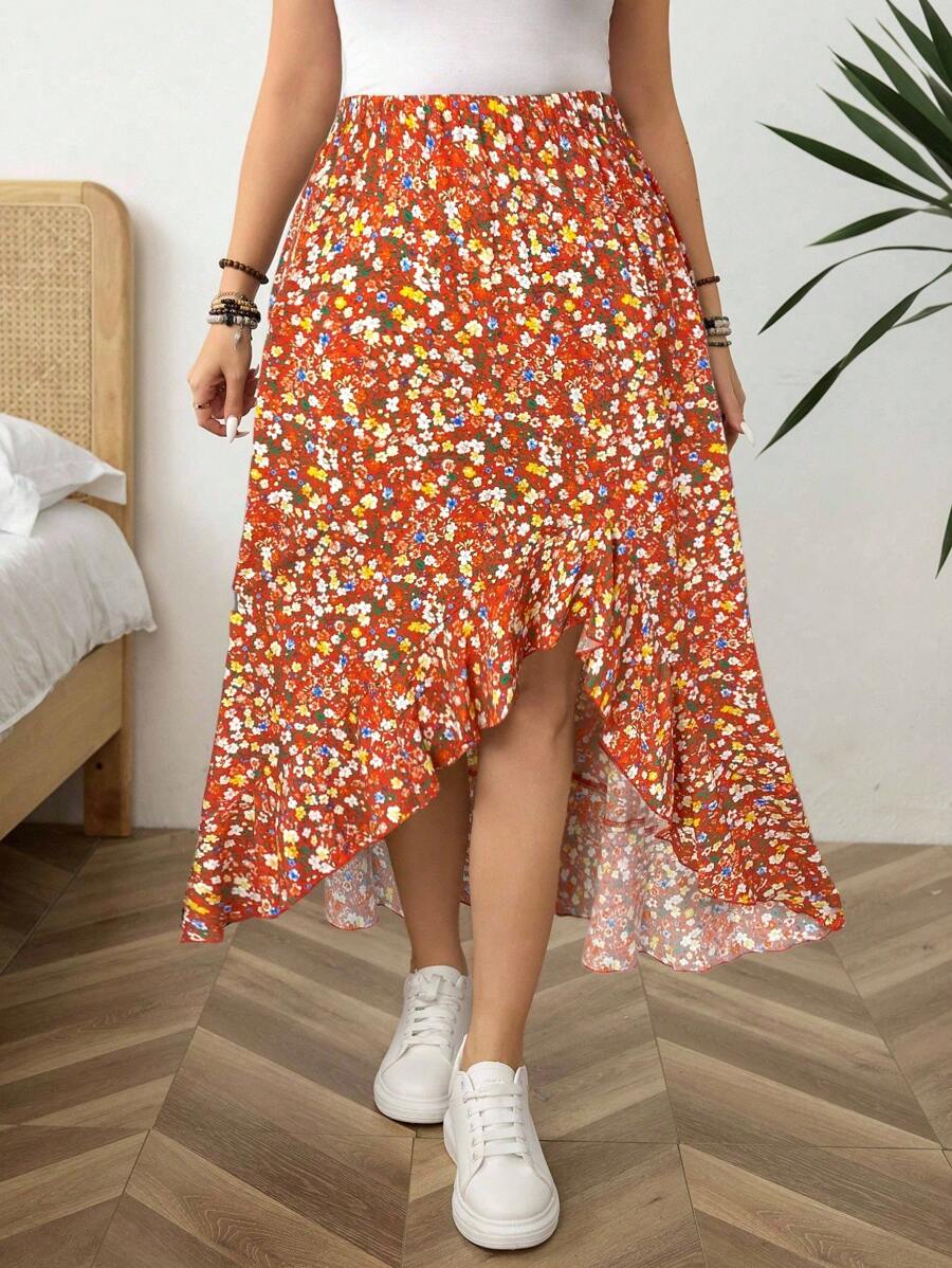 SHEIN LUNE 大码女式休闲碎花高低下摆半身裙