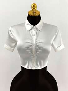 Amplova Gyaru Concert 女装度假女士夏季女式 Polo 领褶皱胸前拼接短款衬衫 - 白色 - 查看 5