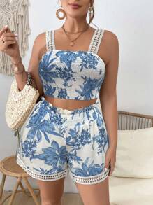 SHEIN SunnyBelle Set da 2 pezzi casual da donna taglia comoda, composto da canotta con stampa floreale e pantaloncini, ideale per le vacanze