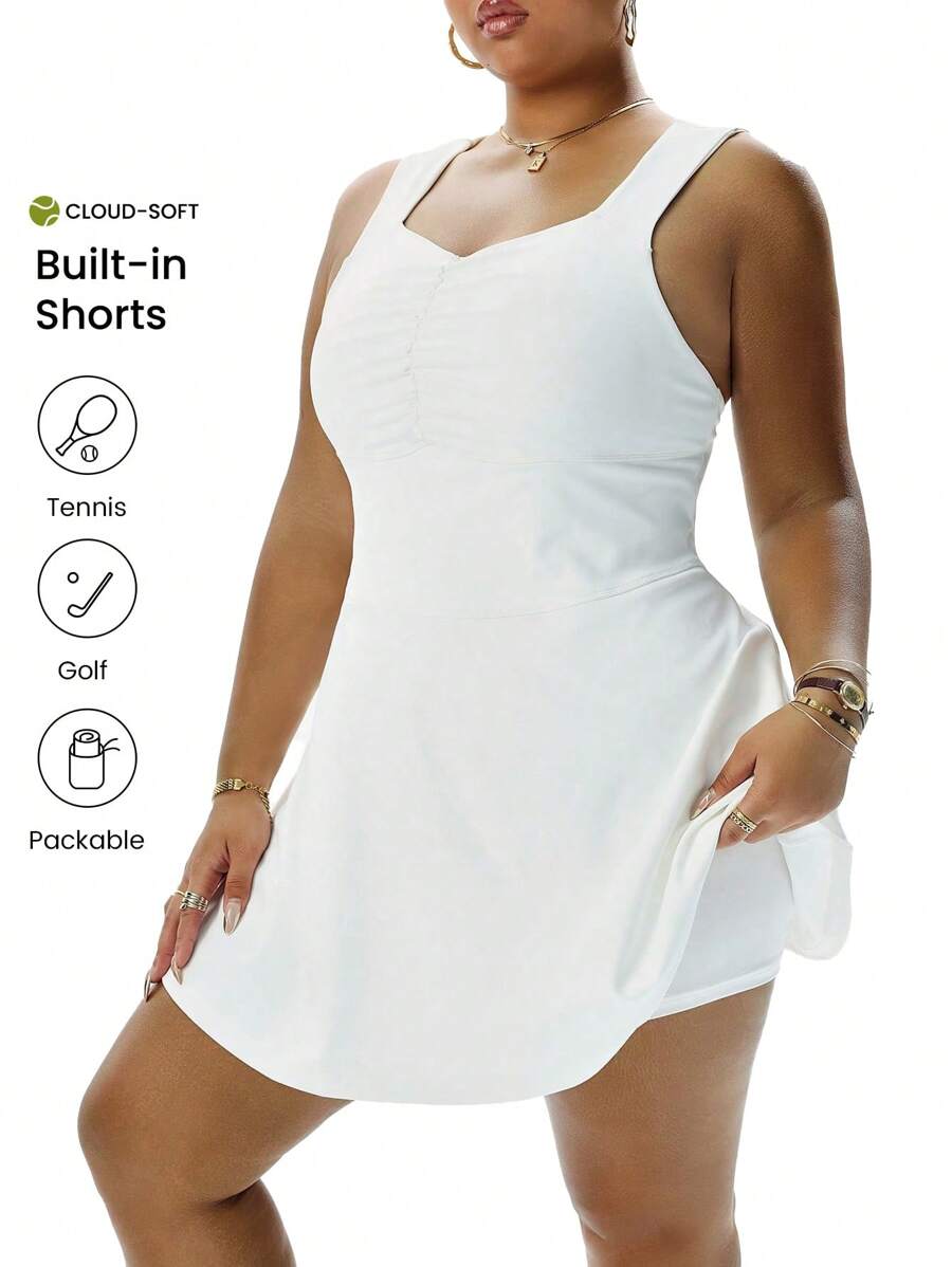 CourtClass 大码女式纯色褶皱无袖针织运动连衣裙