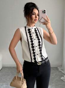 Elenzga 无袖黑色蕾丝边修身纯色女式衬衫