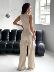 SHEIN EZwear Women Single-Button Vest And Pants Suit Set, Solid Color In Fall/Winter - Apricot - View 2