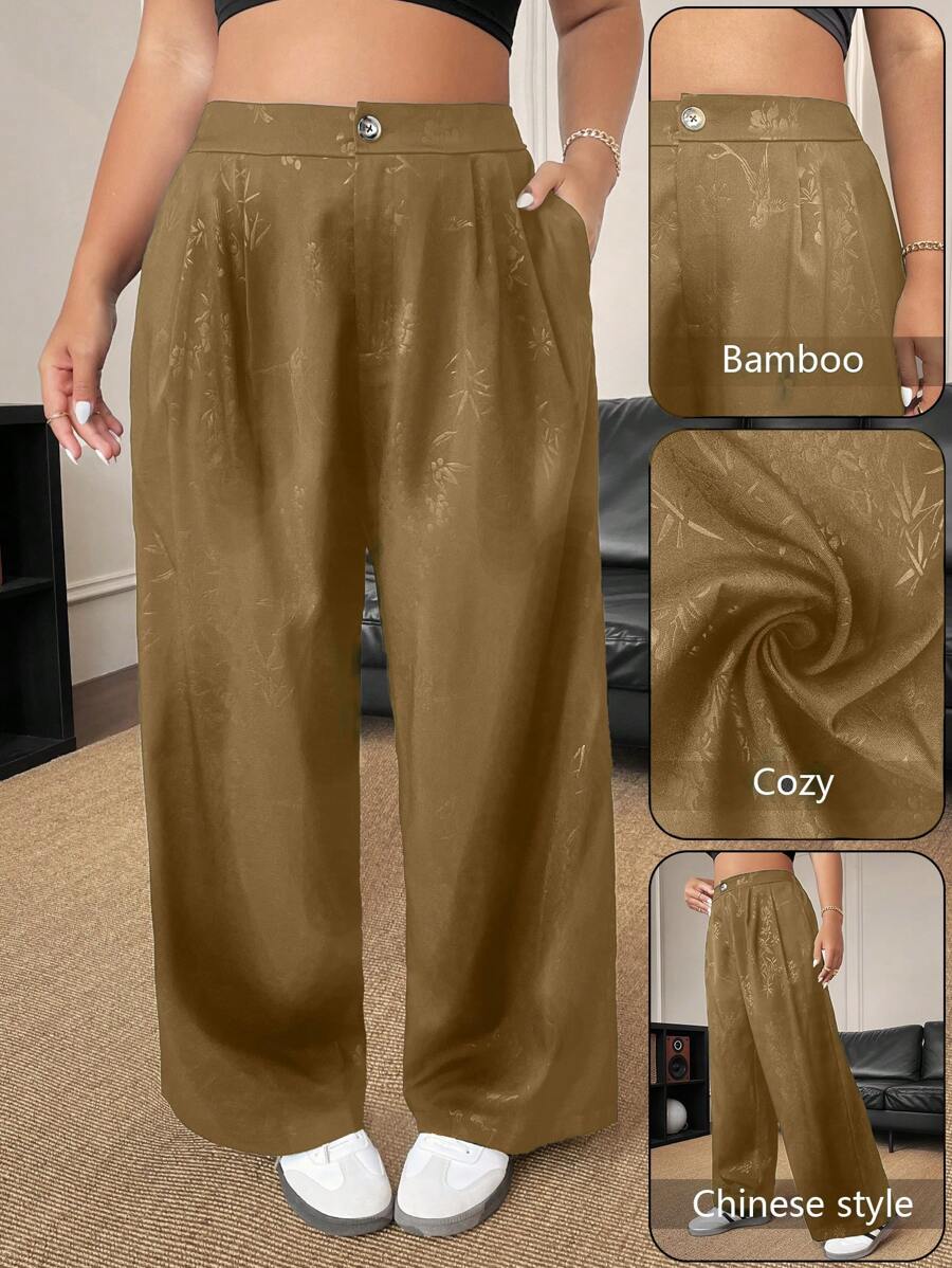 SHEIN Unity Plus Size Embossed Wide Leg Suit Pants, Fashionable For Summer - Brown - View 1