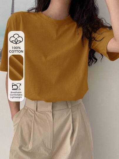 DAZY 女式简约纯色圆领透气短袖T恤，夏季学院风上衣