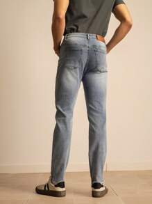 SWAVVY 男士时尚休闲修身弹力轻洗做旧牛仔裤 - 淺藍色 - 查看 2