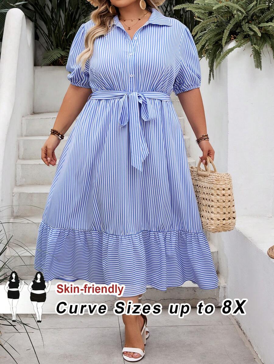 SHEIN CURVE+ Bohemian Style Blue & White Striped Print Ruffle Hem Tie Waist Casual Dress, Plus Size, Summer, Curve Plus, Boho Vacation Beach Outfits For Woman/Beach Dress/Beach Vacation Outfits/Beach Essentials / Graduation/Tea Party Dress