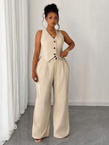 Elenzga 2pcs/Set Plus Size Women's Solid Color Short Vest & Wide Leg Casual Pants