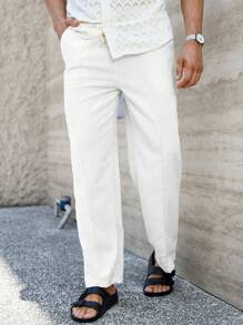 Manfinity Homme Men's Solid Color Pocket Versatile Linen Casual Pants, Fall