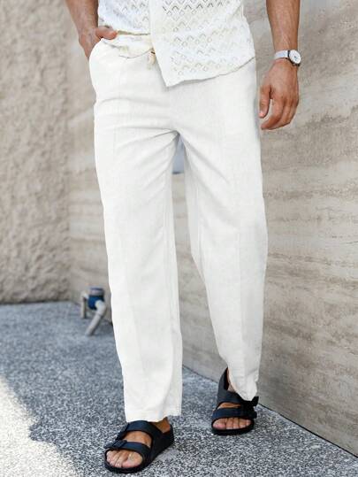 Manfinity Homme Pantalones casuales de lino de unicolor y versátiles con bolsillo, para otoño