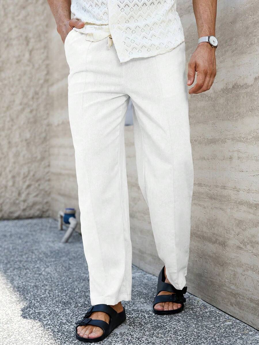 Manfinity Homme Men's Solid Color Pocket Versatile Linen Casual Pants, Fall