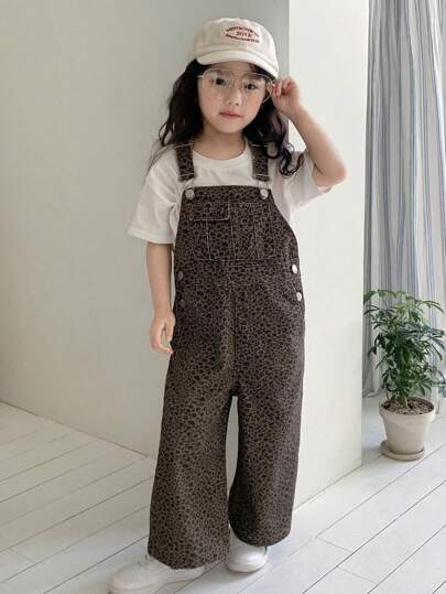 Dazy Kids (Small) Girls' Leopard Print Casual Loose Street Style Denim Overalls And Jumpsuit, Summer