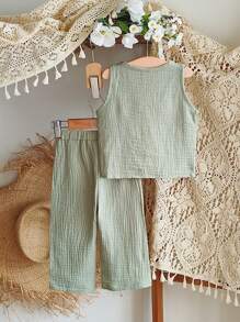 SHEIN Vintaside Kids 女宝宝简约双层雪纺无袖蝴蝶结上衣和长裤套装，春夏 - 綠色 - 查看 2