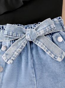 SHEIN Set de 2 piezas Conjunto informal de niña joven con Top asimétrica + shorts vaqueros