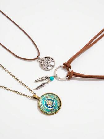 Fairycore 3pcs/Set Vintage Retro Style Round Gem Crystal Pendant Necklace Set
