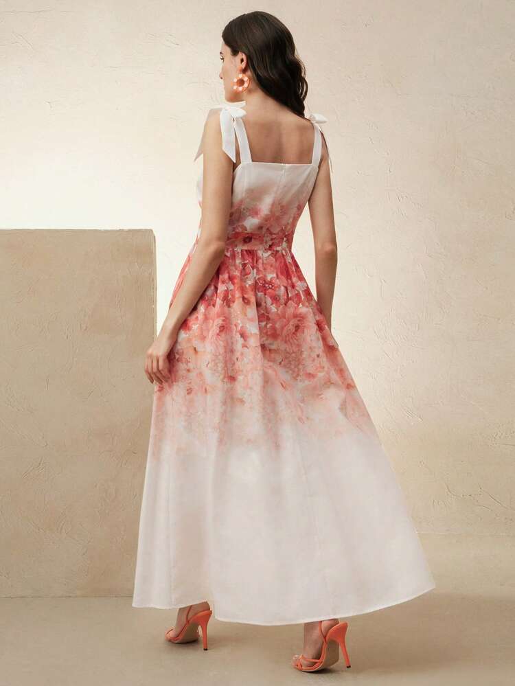 Spring, Summer, Festival, Holiday, Vacation Elegant Fitted Graphic Print Tie Front Long Dress For Women