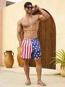 Manfinity Swimmode Men's American Flag Print Drawstring Waist Beach Shorts, Summer, Hawaiian - Multicolor - View 3