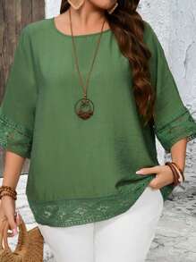 EMERY ROSE Plus Size Women's Solid Color Casual Tunic Blouse, Simple And Fashionable, Summer Holiday, Vacation Women, Simple And Fashionable For Everyday Wear, Gifts For Mother, Vacay Vibes, Spring-Break, Casual Wear , Bohemia - Army Green - View 2