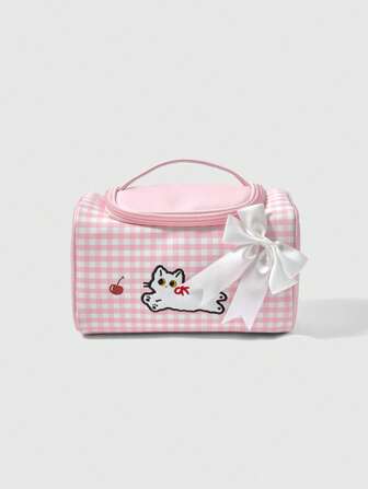 Kawaii Borsa organizer per cosmetici grande con stampa carina a quadri rosa, con motivo a ciliegia e gatto, codice articolo 1368226