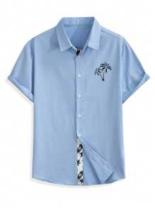 Manfinity RSRT Men's Short Sleeve Single Breasted Casual Shirt With Palm Tree Print - Blue - View 3
