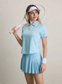 CourtClass 女士纯色短袖 Polo 衫，简约休闲运动装，适合日常穿着 - 藍色 - 查看 7