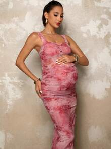MaterniChic Elegant Red Maternity Knitted Dress With Floral Print, Ruched Detail, And Sleeveless Straps Design For A Stylish Pregnancy Look - Red - View 7