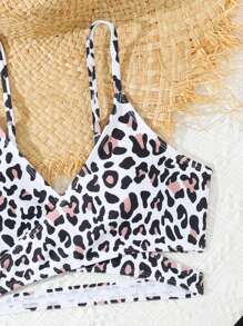 SHEIN Conjunto de 3 piezas de traje de baño de moda con estampado para adolescentes, apto para el verano