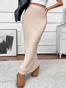 INAWLY Váy len dệt kim màu trơn đơn giản cho nữ, thích hợp cho hoạt động hàng ngày, mùa thu/đông - Màu be - Xem 5