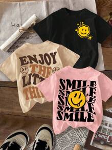SHEIN Leap Crew 3pcs Tween Girls Casual Loose Cartoon Smile & SMLLE Letter Graphic Round Neck Short Sleeve T-Shirts, Suitable For Summer - Multicolor - View 1