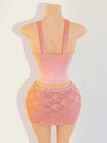 BamGleam 女士时尚 3D 花卉吊带镂空性感吊带背心和修身迷你裙 2 件套 - 粉色 - 查看 2