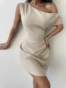 Firerie Elegante vestito color albicocca in lino, con colletto drappeggiato asimmetrico, vita segnata, orlo asimmetrico, adatto per andare in ufficio, vacanze, ritorno a scuola, matrimoni