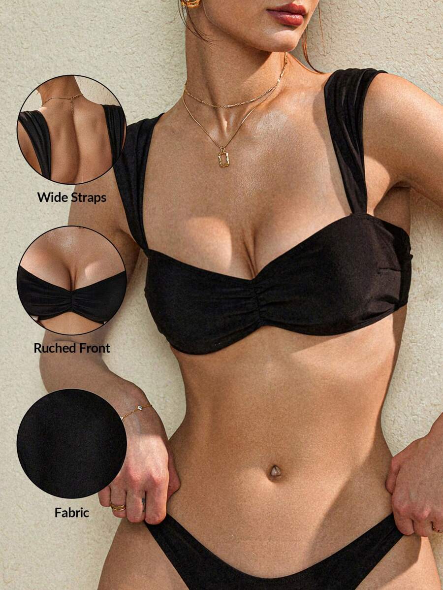 SHEIN Swim Women's Wide Strap Black Ruched Tankini Top, Elegant Casual For Spring/Summer Holiday, Beach Party - Black - View 1