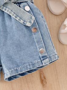 SHEIN Set de 2 piezas Conjunto informal de niña joven con Top asimétrica + shorts vaqueros