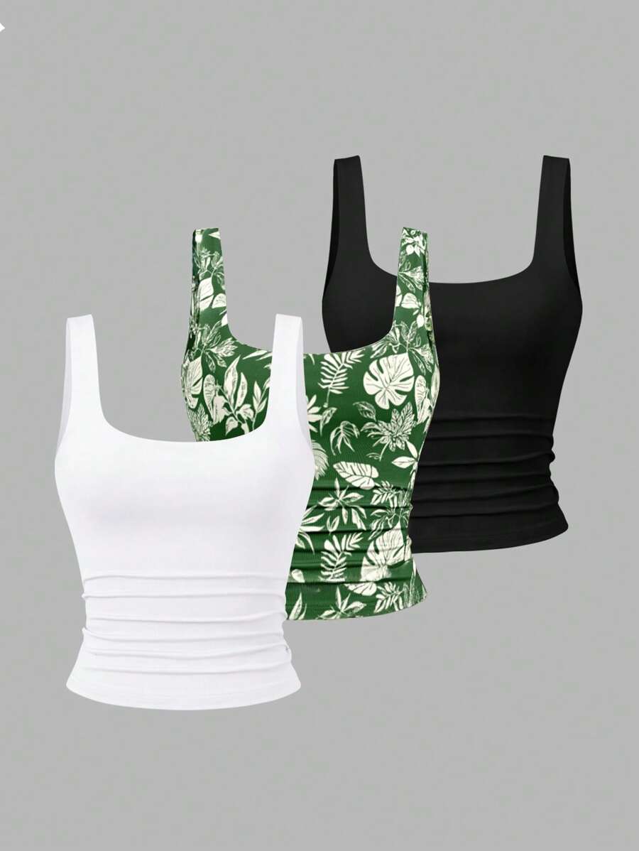 Sweetra Women Casual Printed Ruched Square Neck Tank Top, Summer - Multicolor - View 1