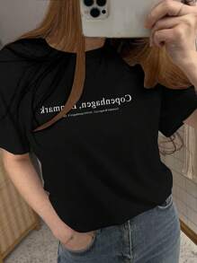 DAZY Áo thun cổ tròn in hình khẩu hiệu thường ngày mùa hè dành cho nữ - màu đen - Xem 2
