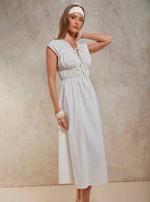 COSMINA Women Solid Color Front Tie Pleated Midi Casual Dress - White - View 4