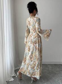 SHEIN Najma Vestido elegante árabe modesto con estampado floral, cinturón y mangas acampanadas para mujer