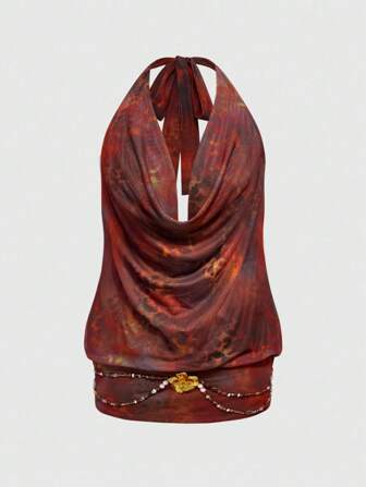 Grunge Punk Top da donna retrò stile selvaggio Y2K, con stampa leopardata, effetto Tintura a nodi, maglia traforata e scollo drappeggiato con perline