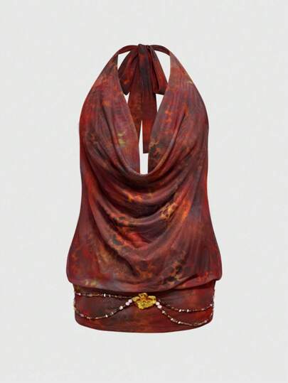 Grunge Punk Retro Wild Y2K Leopard Print Tie-Dye Mesh Beaded Draped Neck Women Tank Top