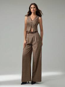 SHEIN Tall Women's Casual Solid Color Single-Breasted Vest And Pants Suit In Fall/Winter - Brown - View 7