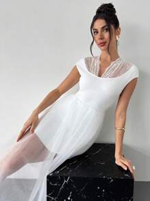 Firerie Women's Elegant Lace Patchwork High Waist Tulle Midi Dress, Romantic & Sweet For Wedding Guest, Party, Banquet, Summer, Apricot Color - Apricot - View 7