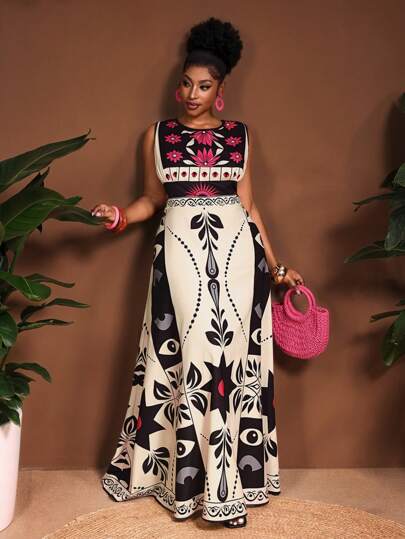 Veslaya 2025 New Spring/Summer Plus Size Women's Holiday/Party/Date/Tropical Rainforest Print Sleeveless A-Line Dress - B