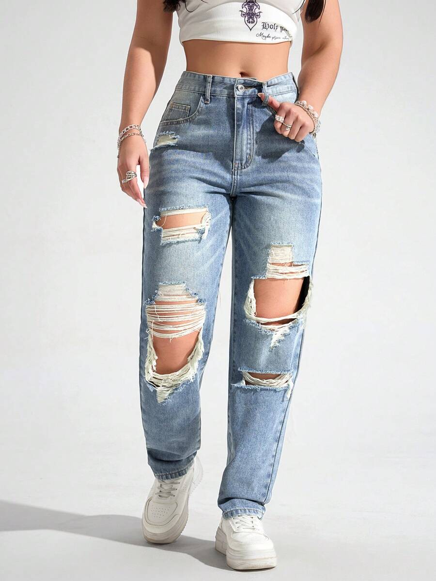 SHEIN EZwear 做旧酸洗直筒牛仔裤，适合日常休闲穿着 - 淺色水洗藍 - 查看 1