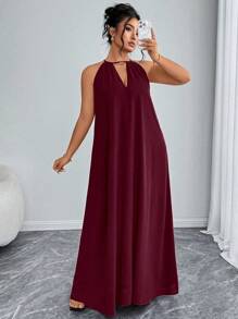 Elenzga 女士时尚优雅纯色无袖宽松大码连衣裙，情人节红色新年 - 酒紅色 - 查看 5