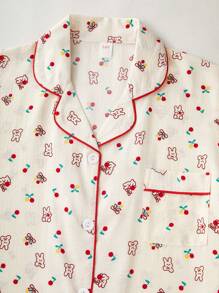 2 Pieces Cherry Print Cute & Sweet Relaxed Outfit Set For Teens, Short Sleeve Top And Shorts, Spring/Summer Homewear - Apricot - View 4