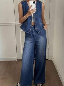 DAZY Women V-Neck Sleeveless Top And Pocketed Pants Casual Denim Two Pieces Set, Spring & Summer - Navy Blue - View 3