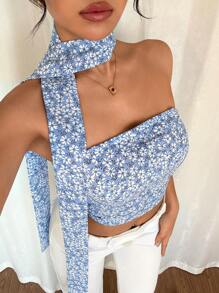 Chiquease 2pcs Set: Sleeveless Crop Top Camisole + Scarf, Fashionable Strapless Sexy Style, For Women Summer 2025 - Blue - View 1