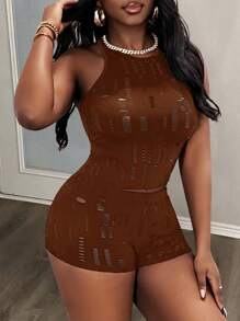 Slaydiva 2pcs/Set Women Casual Versatile Sleeveless Mesh Vest And Form-Fitting Shorts - Brown - View 3