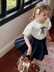 DAZY 2 Stück Mädchen Lässig Set mit Kragenshirt mit Schleifen-Dekor und plissiertem Rock, Mädchen Sommer Outfits